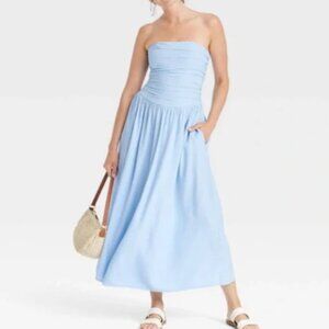 Universal Thread Ruched Smocked Maxi A-Line Dress Blue L